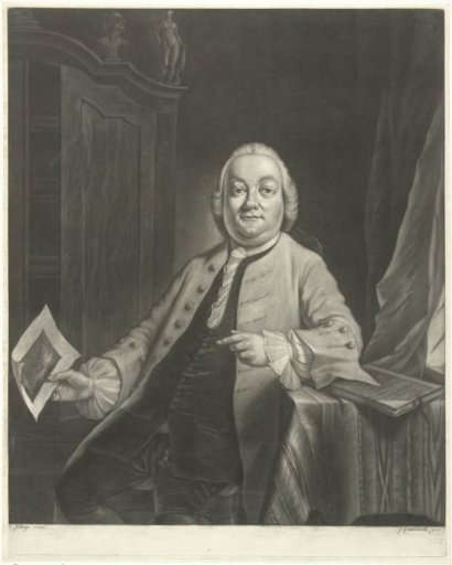 Portrait of Simon Fokke Holding the Print of the Plundering of the House of Wine Merchant Gerrit Hagedooren in Rotterdam, 1751