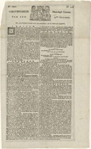 The 's Gravenhaegse Maendagse Courant of October 25 with the report of the death of Prince William IV, 1751