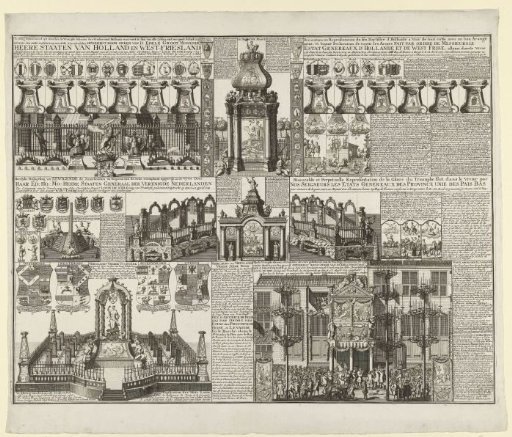 Overview of fireworks in various places during the celebration of the Peace of Utrecht, 1713
