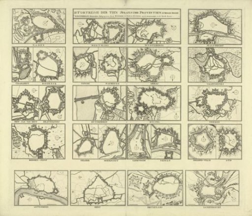 Sheet with Plans of 26 Fortress Cities, ca. 1747