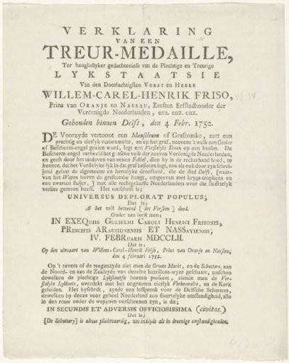 Explanation of a Medal Struck at the Funeral of William IV, 1752