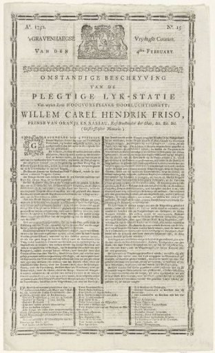 's-Gravenhaegse Vrydagse Courant of February 4th / Detailed Description of the Solemn Funeral of His High and Most Illustrious Prince, William Carel Hendrik Friso (...)