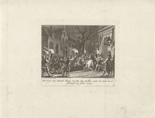 Coffin of Daniël Raap transported at night to the Oude Kerk, 1754