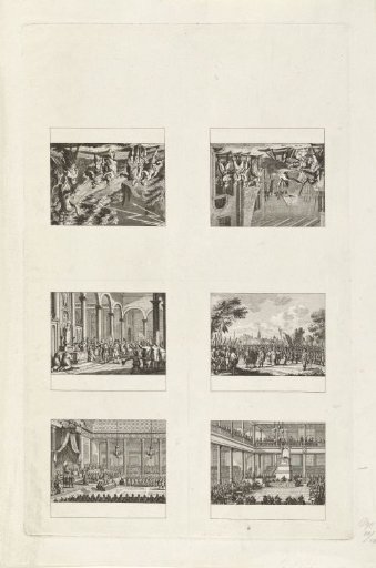 Unbroken sheet with six scenes, four of which depict historical events from 1790