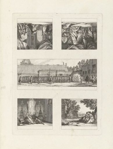 Unbroken sheet with five scenes, one of which depicts a historical event from 1783
