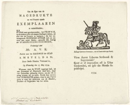 Notice on the Burning of a Print of Willem V, 1754