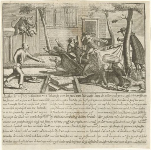 Satirical print on the struggle between Arminians and Calvinists over the De Witt brothers and the Orangists, ca. 1758