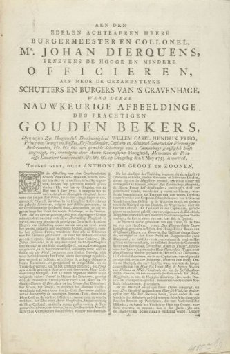 Text Plate Accompanying the Print of the Golden Cup of the Hague Civic Guard, 1753