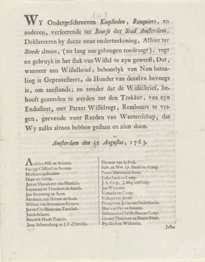 Declaration by Amsterdam merchants regarding the lawful use of bills of exchange, 1763