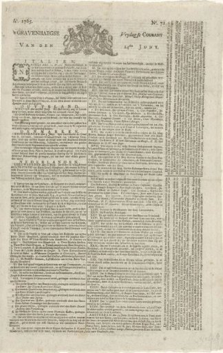 Issue of the 's Gravenhaegse Vrydagse Courant concerning the funeral of Princess Maria Louise, 1765