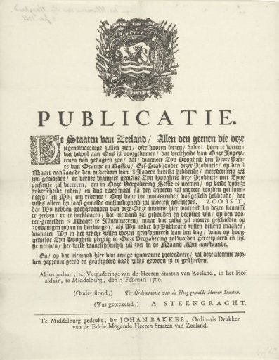 Proclamation by the States of Zeeland regarding illumination for Prince William V, 1766