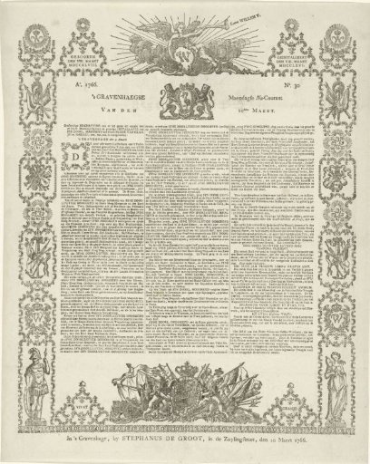 's Gravenhaegse Maendagse Na-Courant of 10 March 1766 concerning the installation of William V as hereditary stadtholder