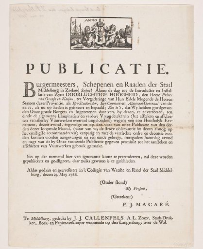 Publication on the illumination for the visit of William V to Middelburg, 1766