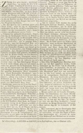 's Gravenhaegse Maendagse Na-Courant of 12 October 1767 on the marriage of William V and Wilhelmina of Prussia