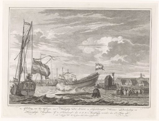 Launching of the ship De Zon in the presence of Willem V of Orange-Nassau and Wilhelmina of Prussia