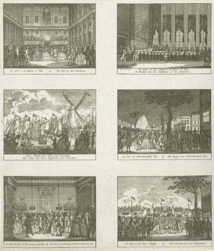 Sheet with five scenes of the visit of William V and Wilhelmina of Prussia to Amsterdam, 1768