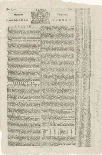 Oprechte Haerlemsche Courant of 2 January 1770 with news of the flooding of the Rhine dike in Gelderland