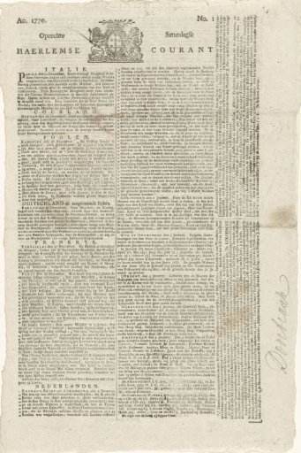 Oprechte Haerlemsche Courant of 6 January 1770 with news of the flooding of the Rhine dike in Gelderland