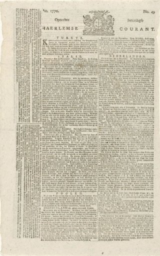 Oprechte Haerlemsche Courant of 8 December 1770 with news of the flooding of the Rhine dike in Gelderland