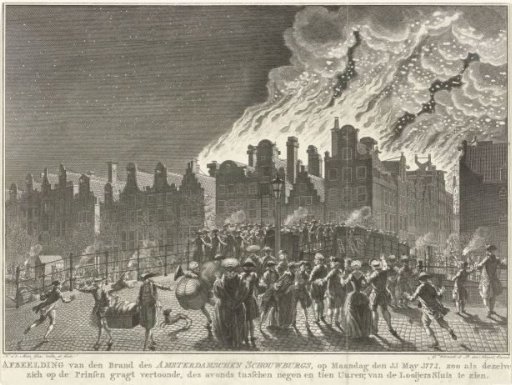 Fire of the theatre on the Keizersgracht in Amsterdam seen from the Looierssluis, 1772