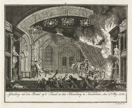 View of the theatre on the Keizersgracht in Amsterdam at the outbreak of the fire, 1772