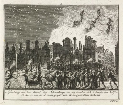Fire of the theatre on the Keizersgracht in Amsterdam seen from the Looierssluis, 1772