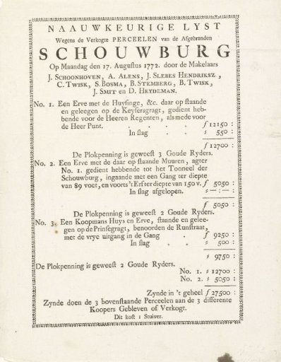 List of the proceeds from the sale of the plots of the burnt theatre on the Keizersgracht in Amsterdam, 1772