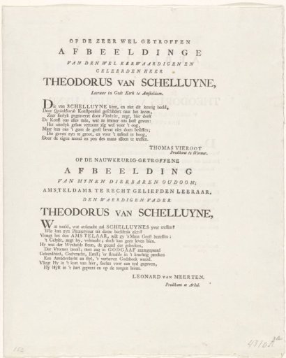 Verses on the portrait of Theodorus van Schelluynen, 1768