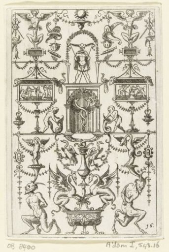 Candelabrum, at the bottom two winged mythical creatures on a pedestal