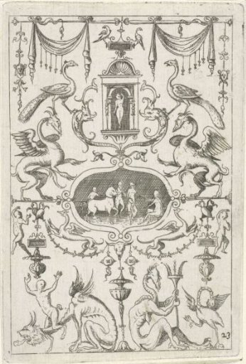 In the center hangs an oval with a figurative representation