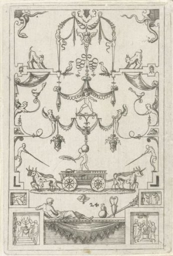 At the bottom a man lies on a pedestal decorated with a curtain