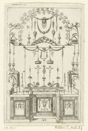 On a pedestal decorated with mascarons, a bench stands between two screens