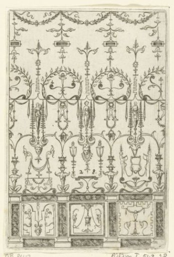 On a frieze decorated with three square panels with mascarons, four crouching satyrs sit
