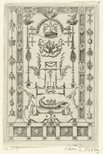 At the bottom between four satyrs stands a screen with a representation of three people rowing a boat