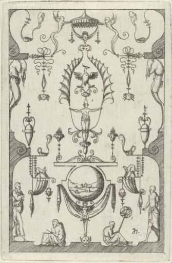 In the lower center two astronomers sit on either side of a herm carrying a globe
