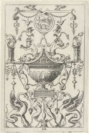 Candelabrum, in the lower center two satyrs stand back to back