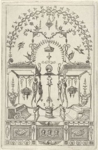 On a pedestal decorated with fish and mascarons, a cask stands with a herm on it