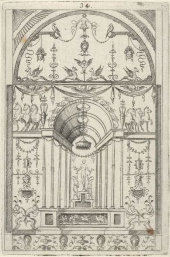 Under a colonnade with a barrel vault stands a pedestal with a statue between two people