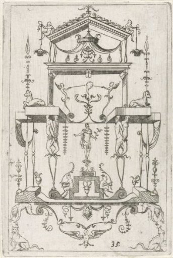 Fantasy building, at the bottom supported by two double herms in the form of satyrs