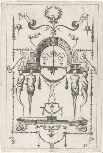 An arch decorated with diamond panes supported by four herms