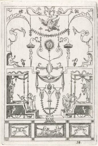 On a pedestal, both left and right, a raised platform with a statue under a canopy