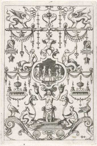 Candelabrum, in the lower center a woman kneeling on a plinth
