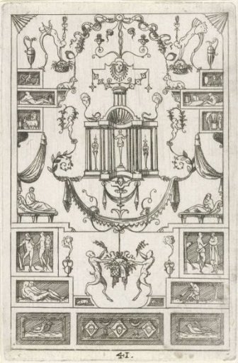 Flat decoration with two satyrs in the center on either side of a basket
