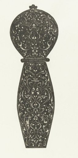 Hilt of a sword, decorated with white arabesques on a black background