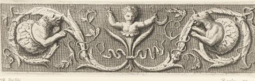 Vignette with two lions and a child