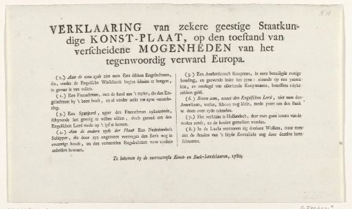 Text page accompanying the caricature on the precarious economic position of Britain, ca. 1780