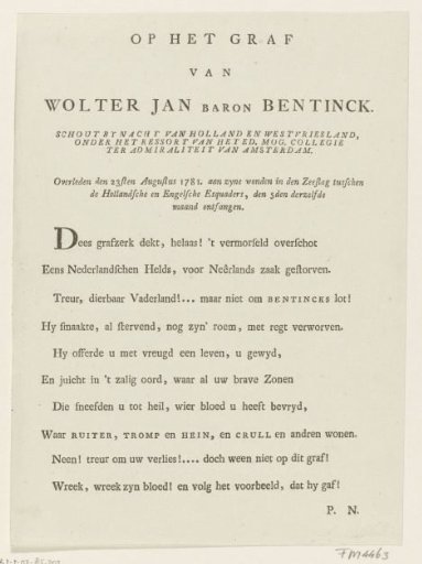 Epitaph on the death of Wolter Jan Gerrit baron Bentinck, 1781