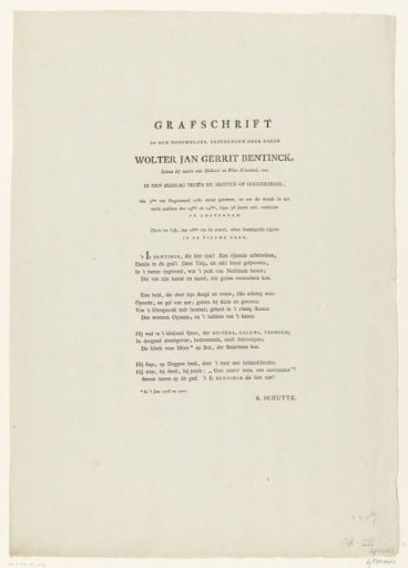 Epitaph on the death of Wolter Jan Gerrit baron Bentinck, 1781