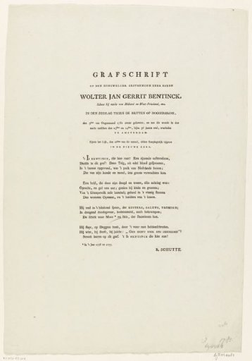 Epitaph on the death of Wolter Jan Gerrit baron Bentinck, 1781