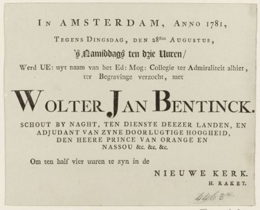 Invitation to the funeral of Wolter Jan Gerrit baron Bentinck, 1781